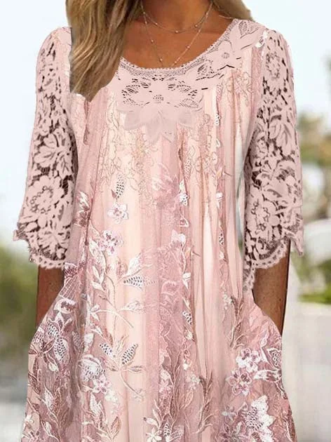 Women's 3/4 Sleeve Scoop Neck Floral Printed Lace Stitching Midi Dress
