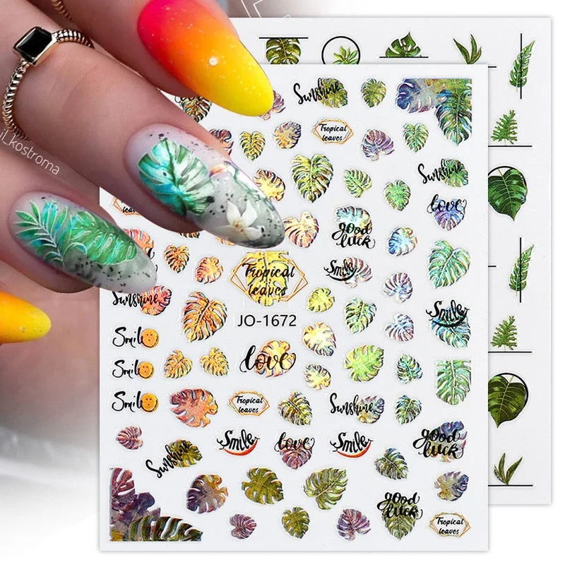 1PC Spring Green Palm Flowers Leaves 3D Nail Stickers Self-Adhesive Slider Nail Art Decorations Geometry Leaf Decals Manicure-Nail Inspo