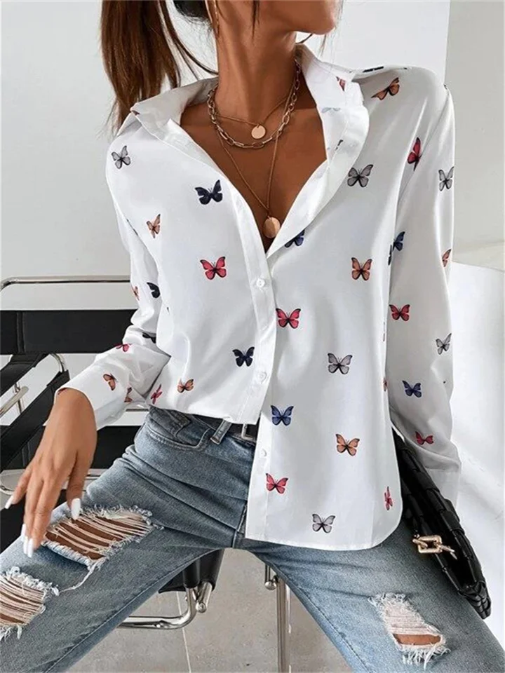 Women's Comfortable Casual Temperament Commuter Tops Fashion Printed Long Sleeve Blouse Butterfly Printed Lapel Shirt-Cosfine