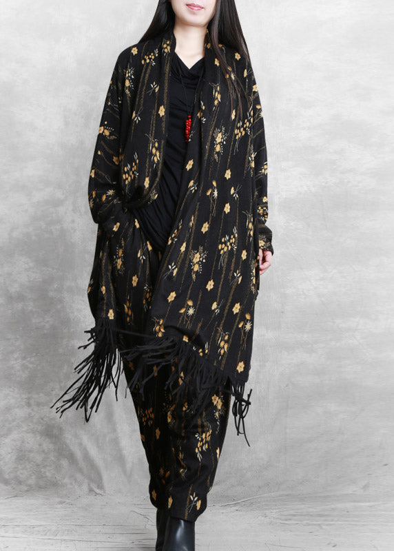 VCSHOES Black Print Mink Velvet Coat And Wide Leg Pants Two Pieces Set Fall