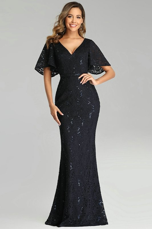 Sexy Black Sequins Lace Prom Dresses Mermaid Evening Gowns - lulusllly