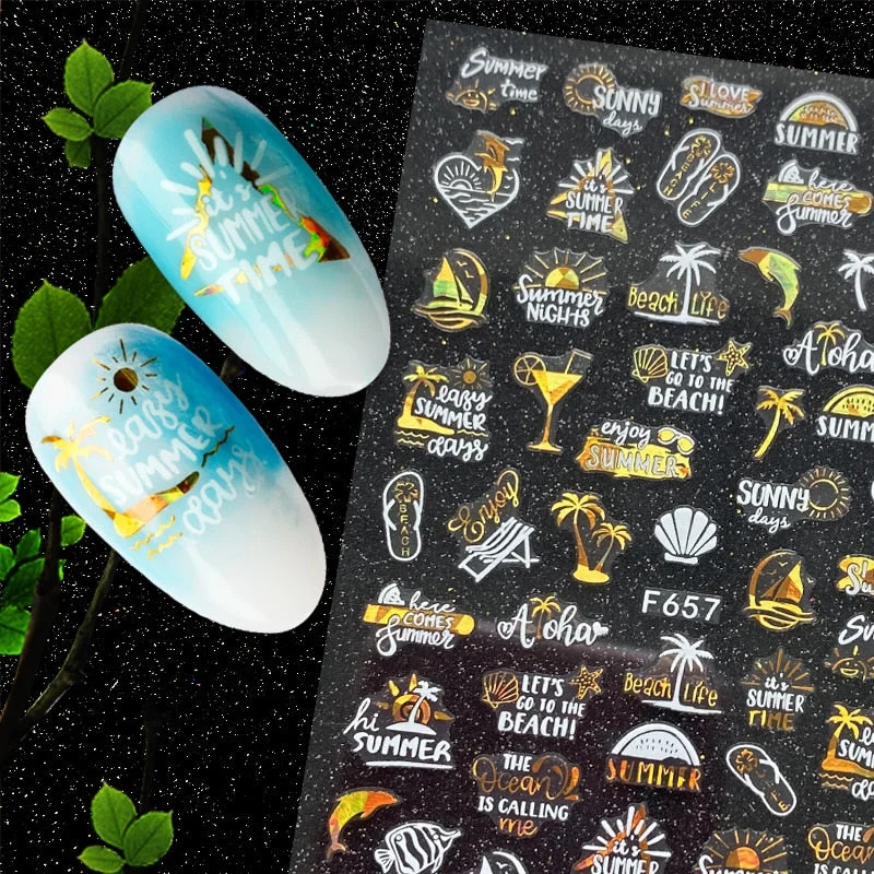 Summer Design 3D Stickers For Nails iridescent Black Gold Flower Leaf Series Decorations Sliders Nail Art Sticker Decals