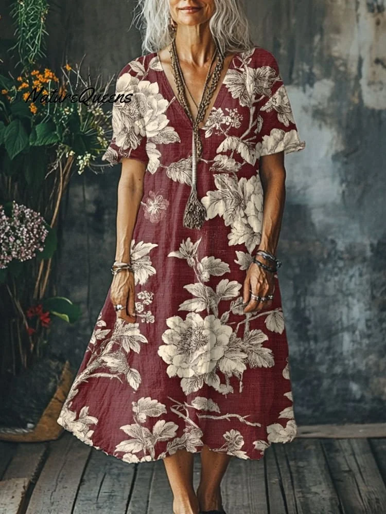 Women's Flowers Art Print Pocket Cotton Dress
