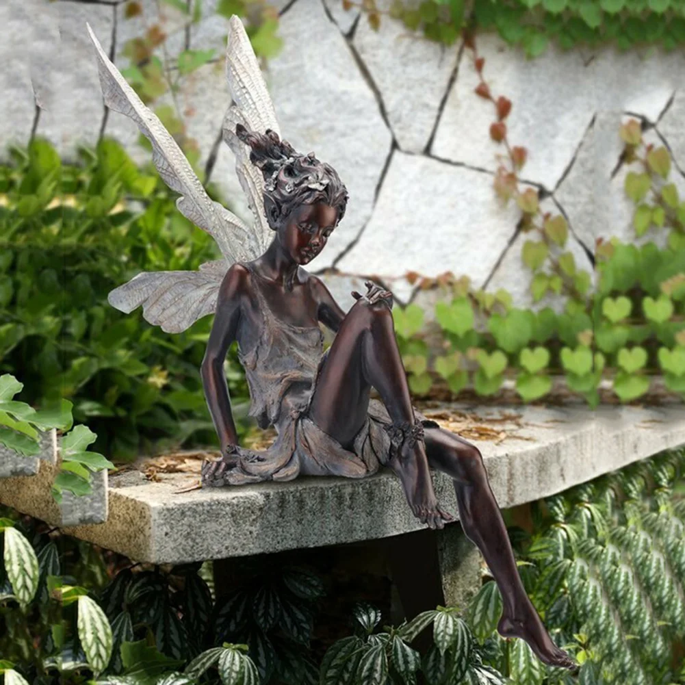 Flower Fairy Sculpture Yard Landscaping Resin Turek Sitting Statue (Black)
