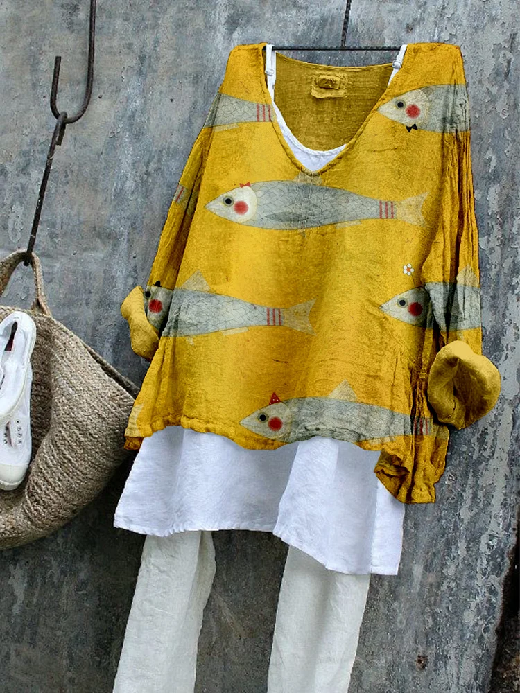 Comstylish Funny Sardines Art Linen Blend Flowy Tunic