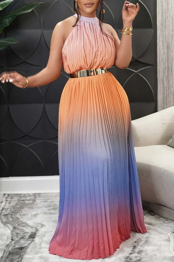 Elegant Halter Gradient Pleated Maxi Dress