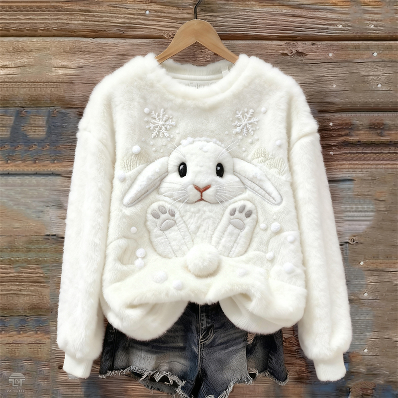 Lovely Bunny & Snow Embroidered Cozy Plush Sweatshirt wearshes