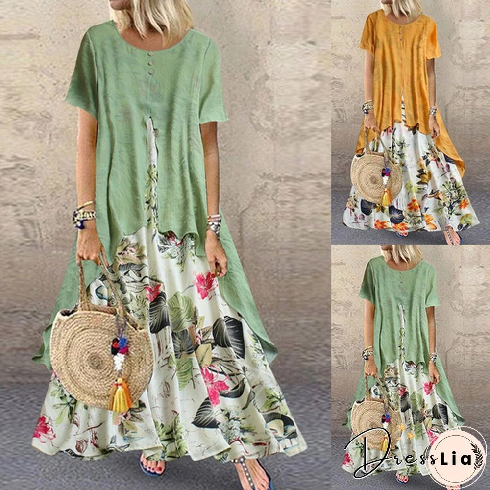 Zanzea Women's Vintage Round Neck Short Sleeve Floral Print Dress Ladies Long Maxi Dress