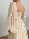 Cream French Chiffon Ball Gown Puff Lantern Sleeve Tulle A Line Prom Dress Yellow Flower Floral Print Embroidery Sweetheart Corset Boho Robe