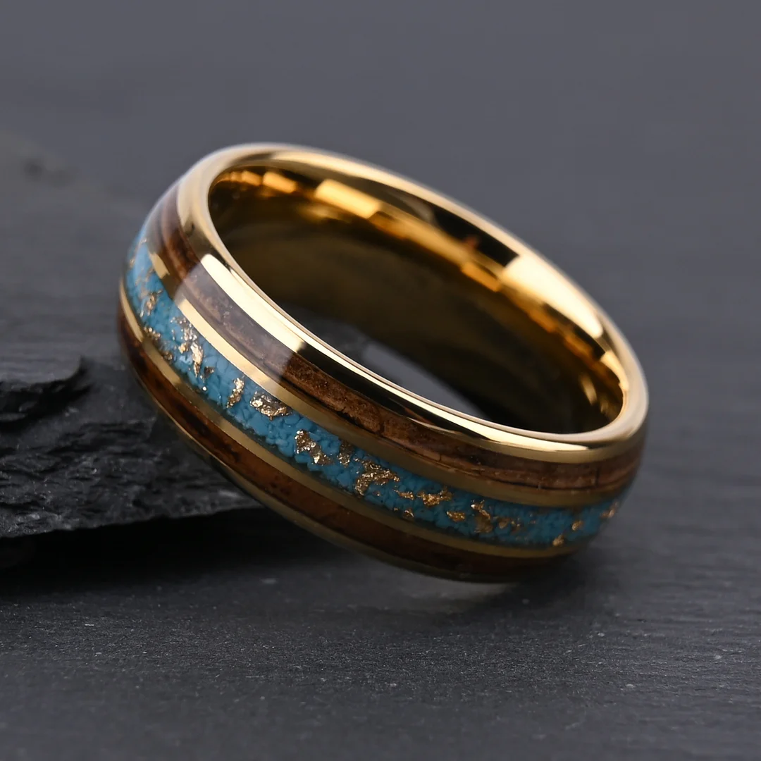 8MM Gold Tungsten Carbide Rings Barrel Wood and Turquoise Pieces Tungsten Wedding Bands