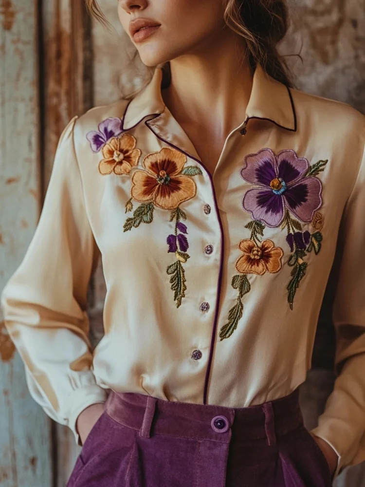 Women's Floral Embroidered Soft Silk Shirt