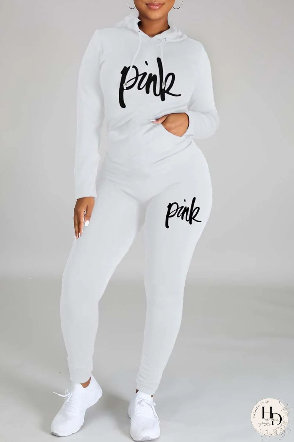 White Casual Letter Print Basic Hooded Collar Long Sleeve Two Pieces