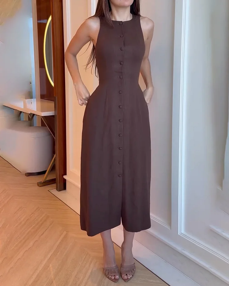 Women's solid color round neck sleeveless lace-up dress
