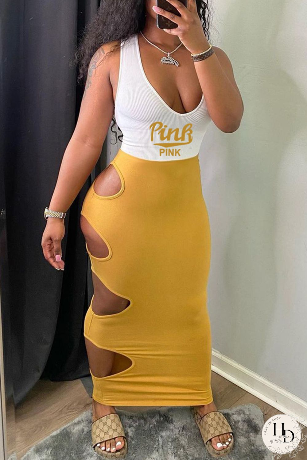 Black Sexy Casual Letter Print Hollowed Out Patchwork V Neck Vest Dress