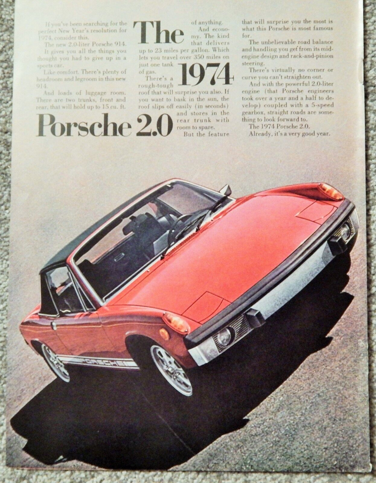 PORSCHE 914 SPORTS CAR VTG 1974 Photo Poster painting AD, RARE MUCH SOUGHT EPHEMERA