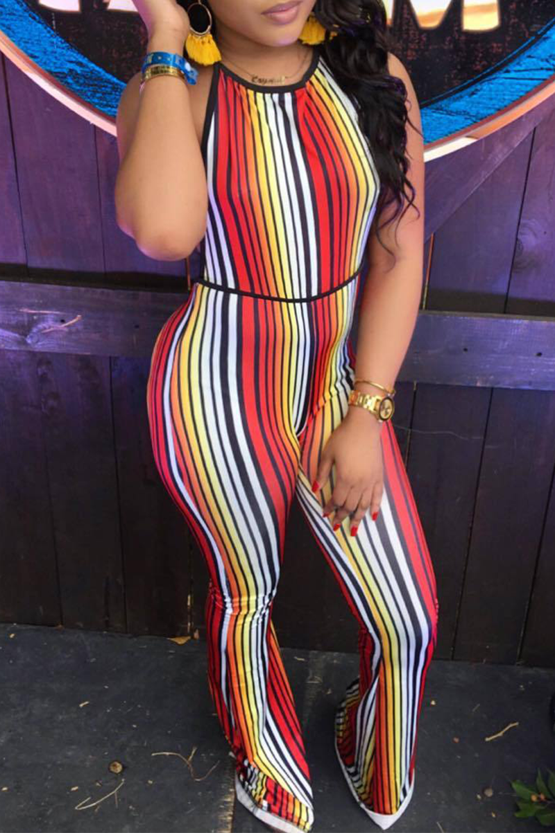 Multicolor Sexy Striped Patchwork Halter Boot Cut Jumpsuits | EGEMISS