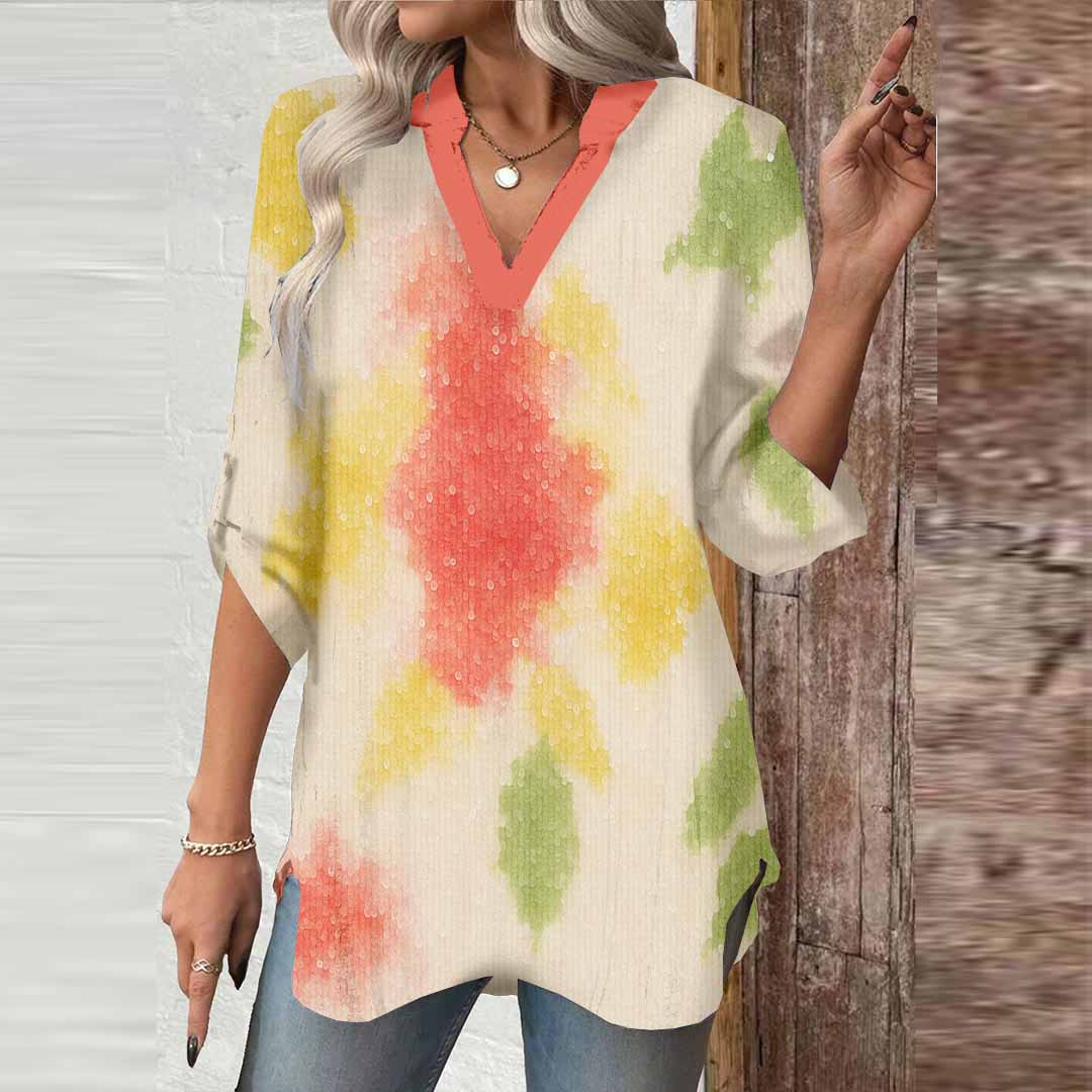 Women Floral, Red, Green DZGA0178 3/4 Sleeve V-neck Printed Graphic Button Tops