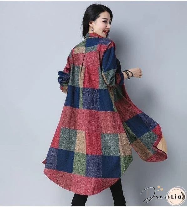 omychic plus size cotton wool vintage for women casual loose autumn winter shirt dress