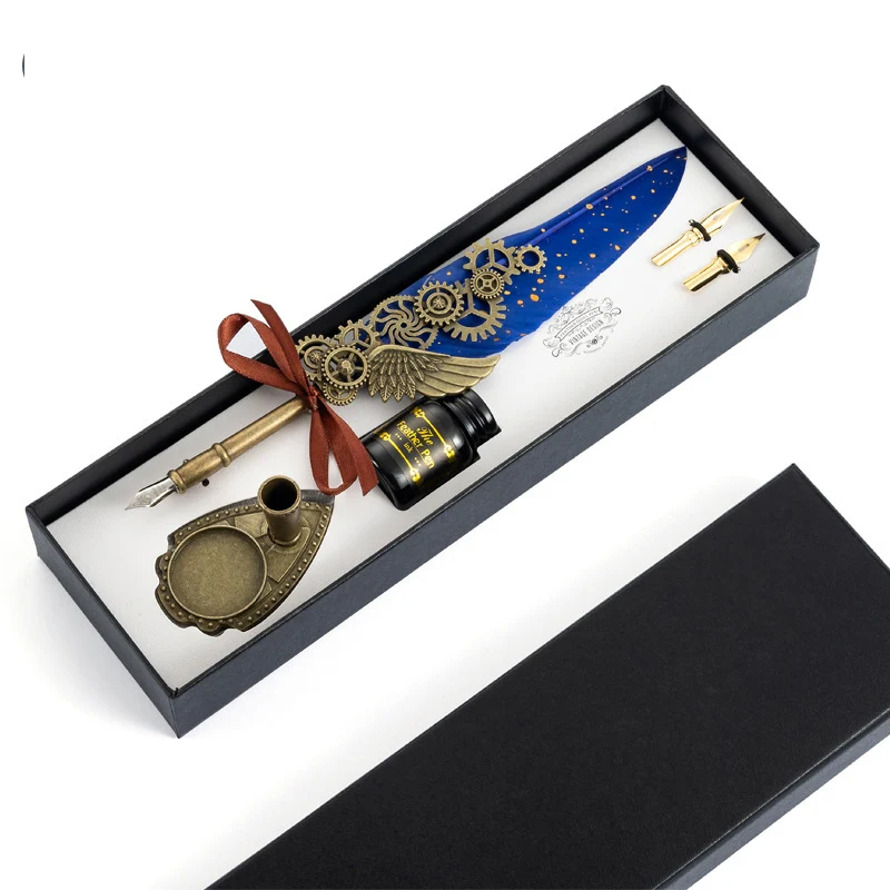 Journalsay Gear Series Vintage Metal Gold Feather Pen British Dip Pen Gift Box Set 