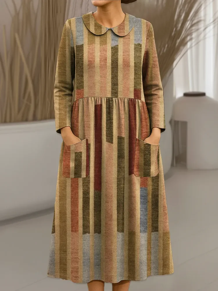 Women's Vintage Abstract Geometry Pattern Art Print Cotton Lapel Shirt Dress