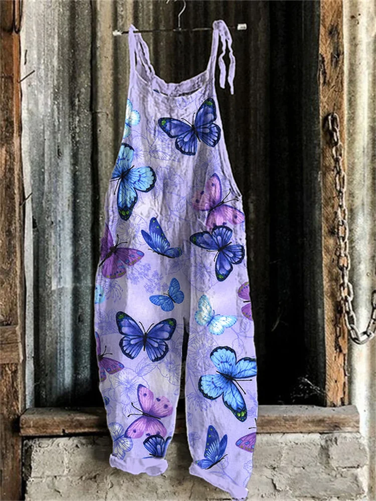 Purple Floral Butterfly Print Linen Blend Casual Jumpsuit