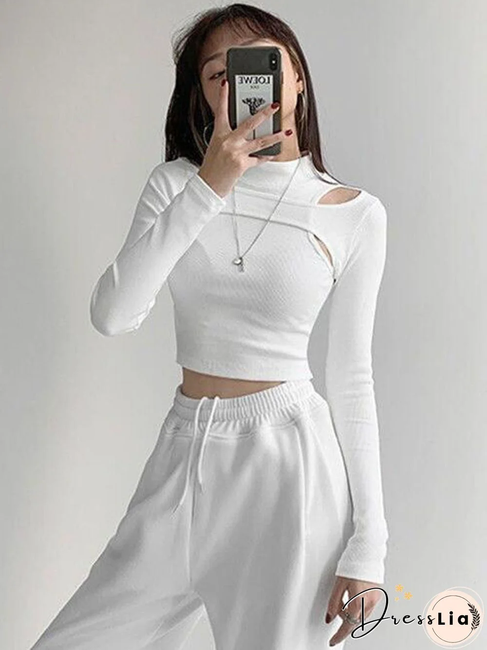 Hollow Knitted Crop Tops Women New Fitness Fake Two-piece T-shirt Female Black White Long Sleeve Tops