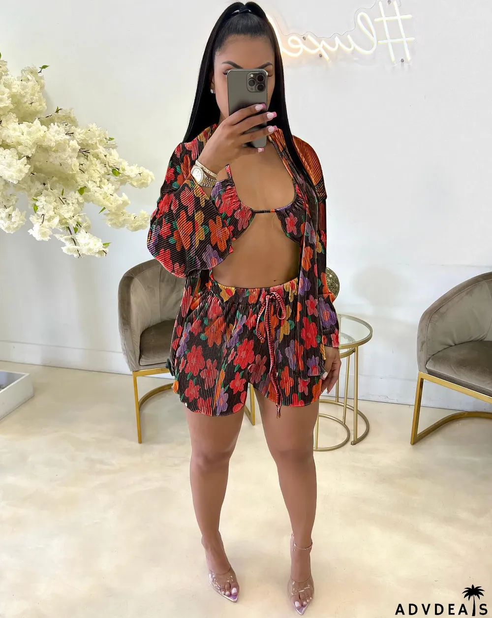 Sexy Print Cross Halter Bra+Cardigan+Short Three Piece Sets