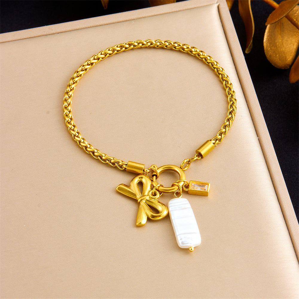 Korean Style Korean Style Fashion Simple Gold-Plated Twist Chain Bow Shell Pendant Stainless Steel Gold-Plated Bracelet