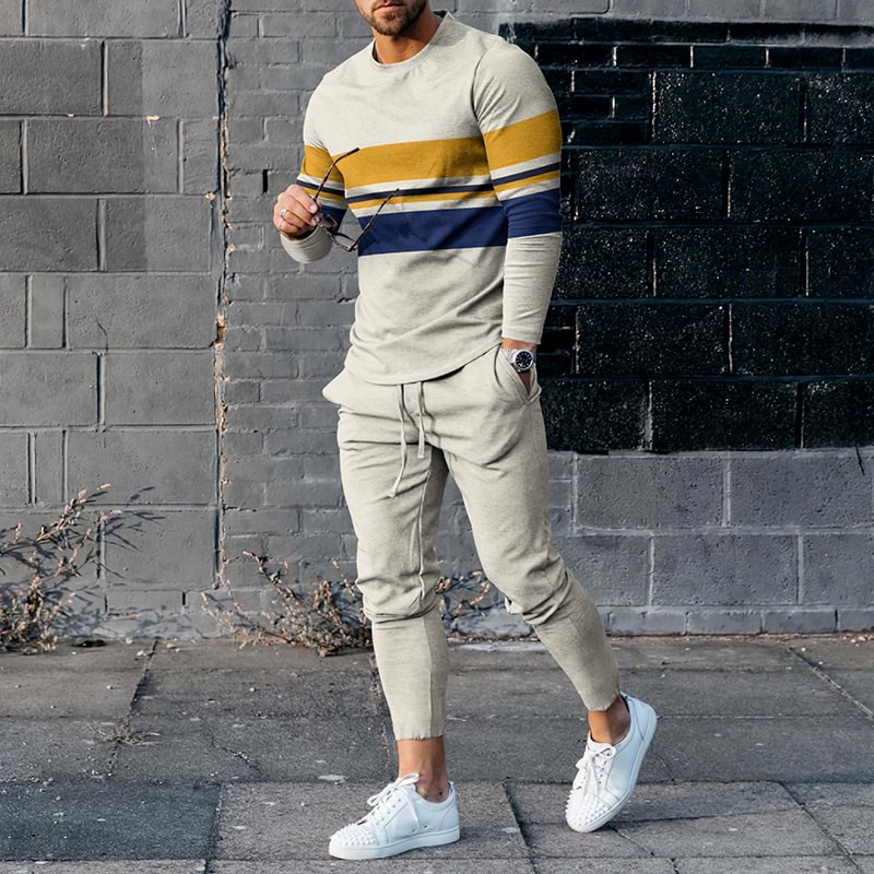 Trendy Beige Contrast Stripe Print T-Shirt And Pants Co-Ord