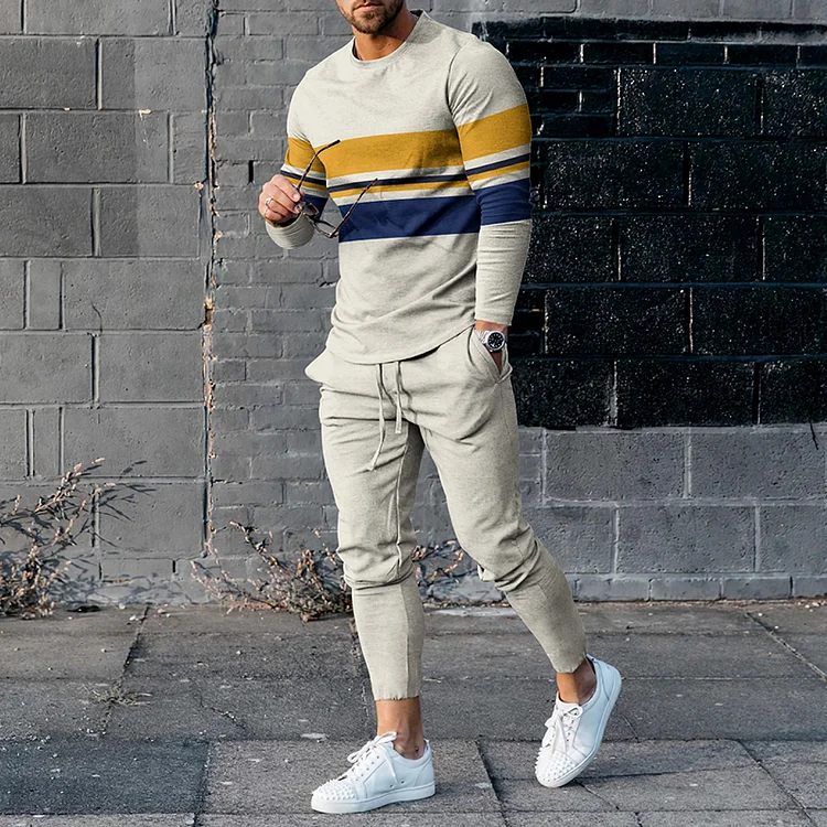 BrosWear Trendy Beige Contrast Stripe Print T-Shirt And Pants Co-Ord