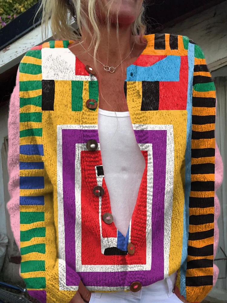 Retro Simple Graphics Art Print Buttoned Cardigan Sweater