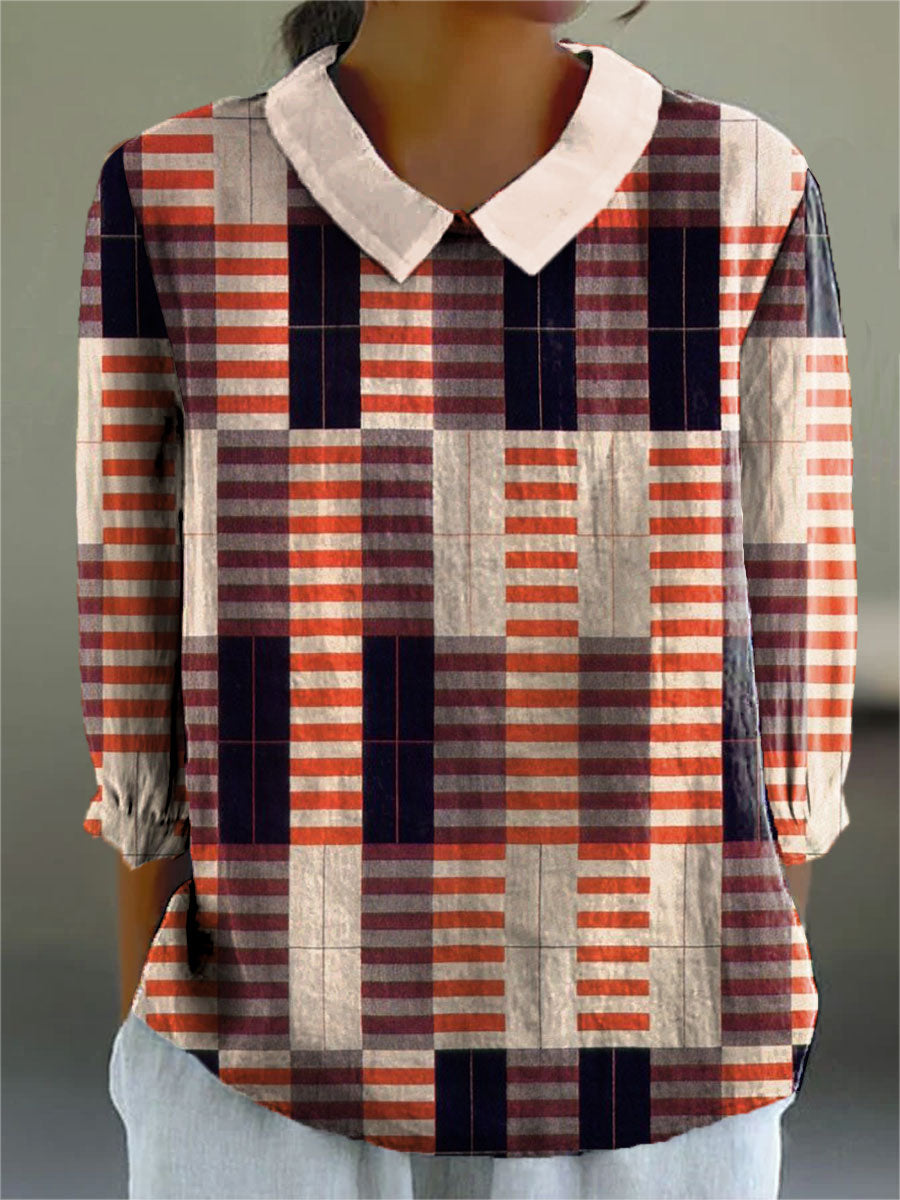 Women's Vintage Geometric Art Print Casual Cotton And Linen 3/4 Sleeve Shirt