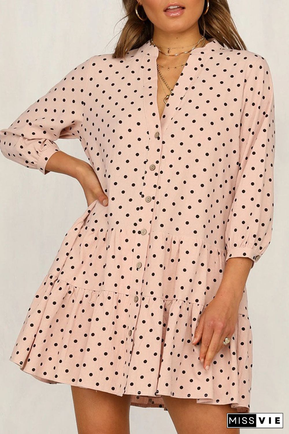 Fashion Street Dot Split Joint Mandarin Collar Printed Dresses