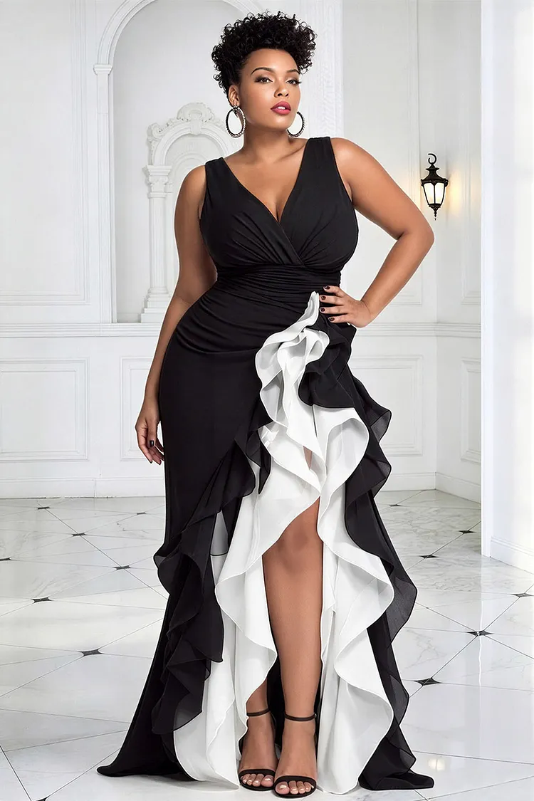 Xpluswear Design Plus Size Formal Elegant Black V Neck Ruffle Asymmetric Hem Chiffon Maxi Dresses [Pre-Order] 2024 - Xpluswear