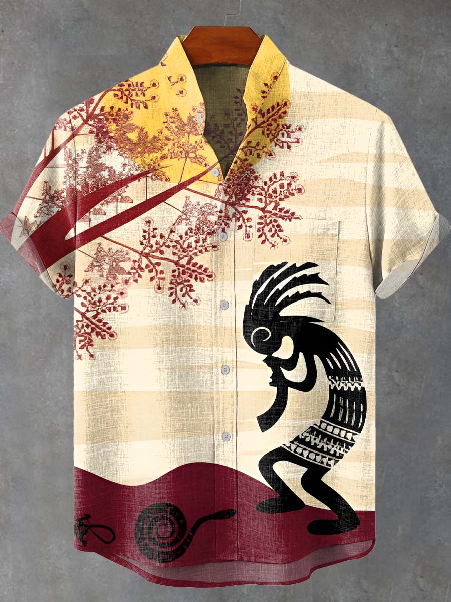 Art African Abstract Figures Vintage Print Casual 100% Cotton Shirt