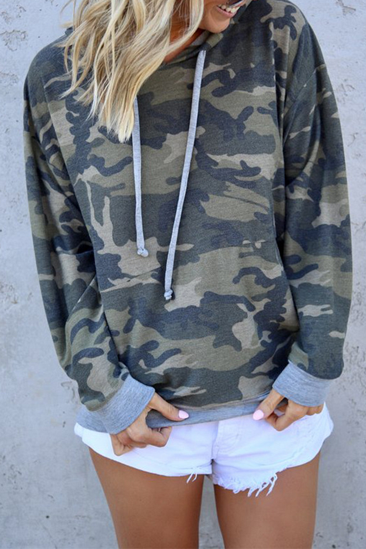 Casual Camouflage Print Split Joint Hooded Collar Tops - Life is Beautiful for You - SheChoic