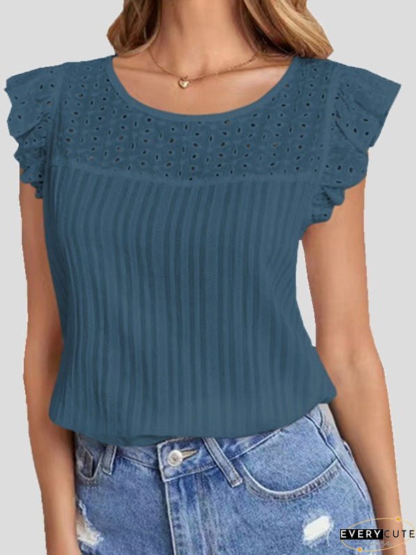 T-Shirts Cutout Crew Neck Ruffle Sleeveless T-Shirt for Women