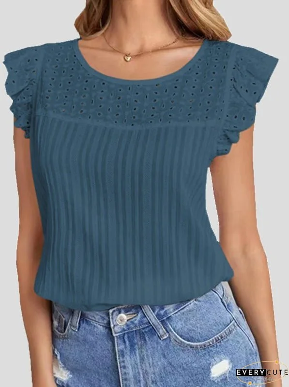 T-Shirts Cutout Crew Neck Ruffle Sleeveless T-Shirt for Women