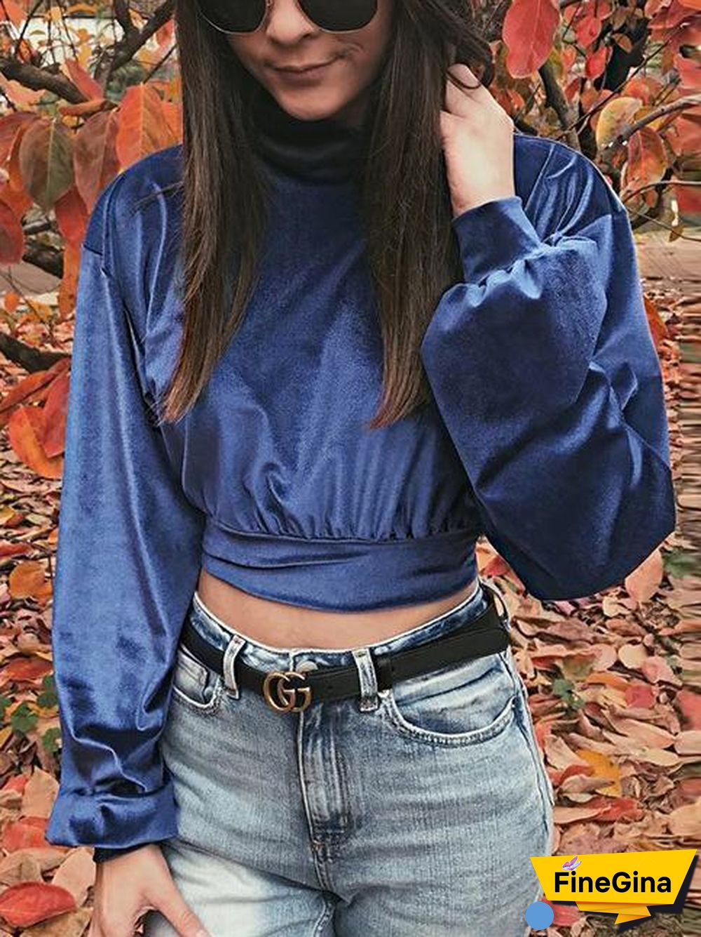 Fashionable High Collar Velvet Short Open Navel Top
