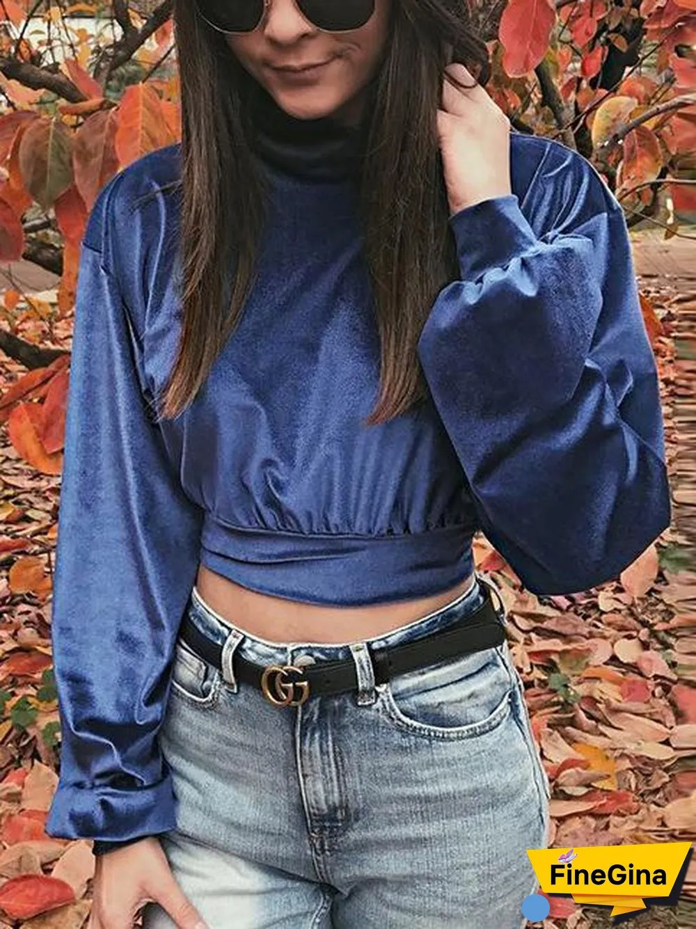 Fashionable High Collar Velvet Short Open Navel Top