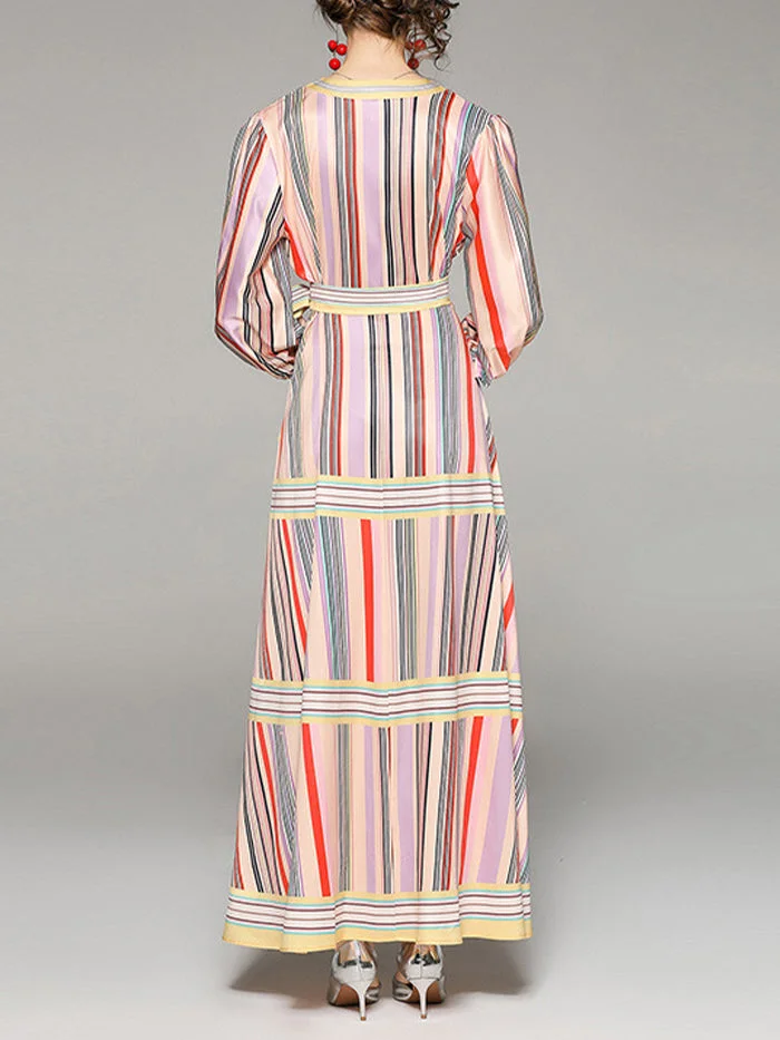 V-neck Long-sleeved Tie-waist Striped Printed A-line Dress