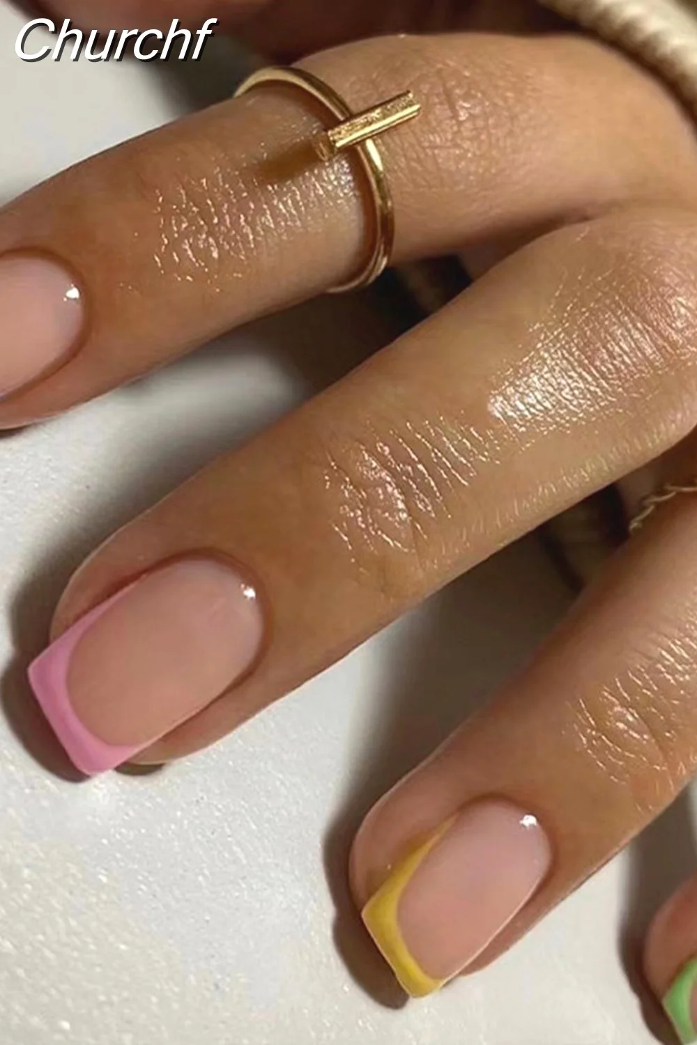 Churchf Wave Line Short Ballet French False Nails With Flower design Square Head Fake Nail Tips Simple Wearable Press On Nails-Nail Inspo