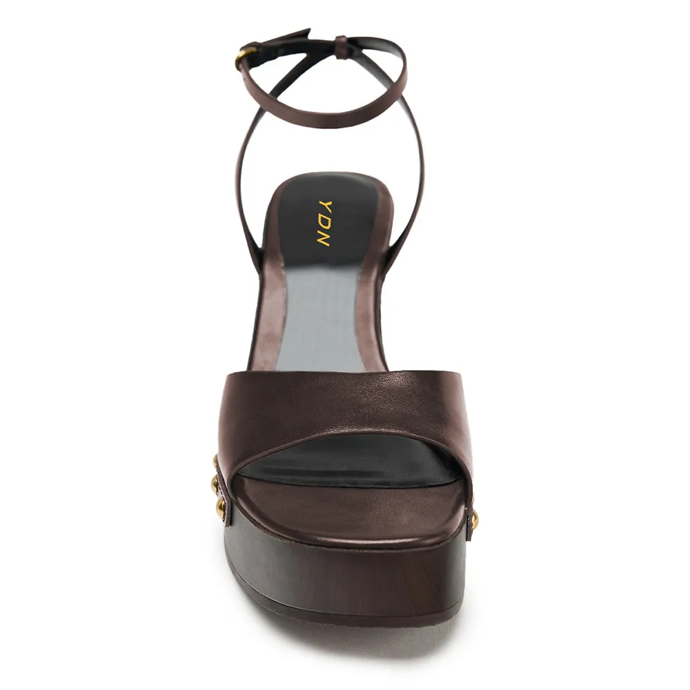 Brown Studded Open Toe Ankle Strap Wedge Heel Platform Sandals