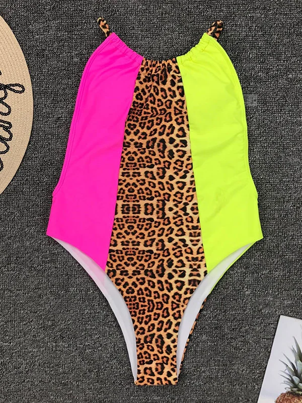 Halterneck Leopard Print Color-Block Backless One-Piece Swimwear