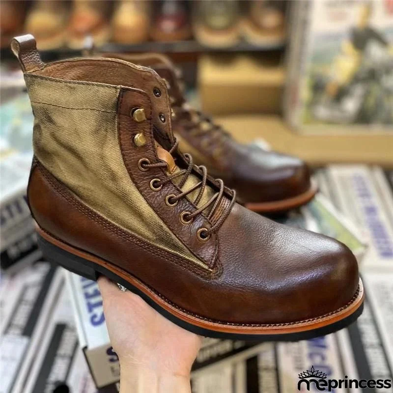 Men's Retro Casual Fashion Lace-Up Patchwork Design Martin Boots
