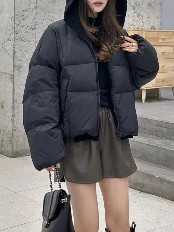 Long Sleeves Loose Detachable Quilted Zipper Hooded Down Coat
