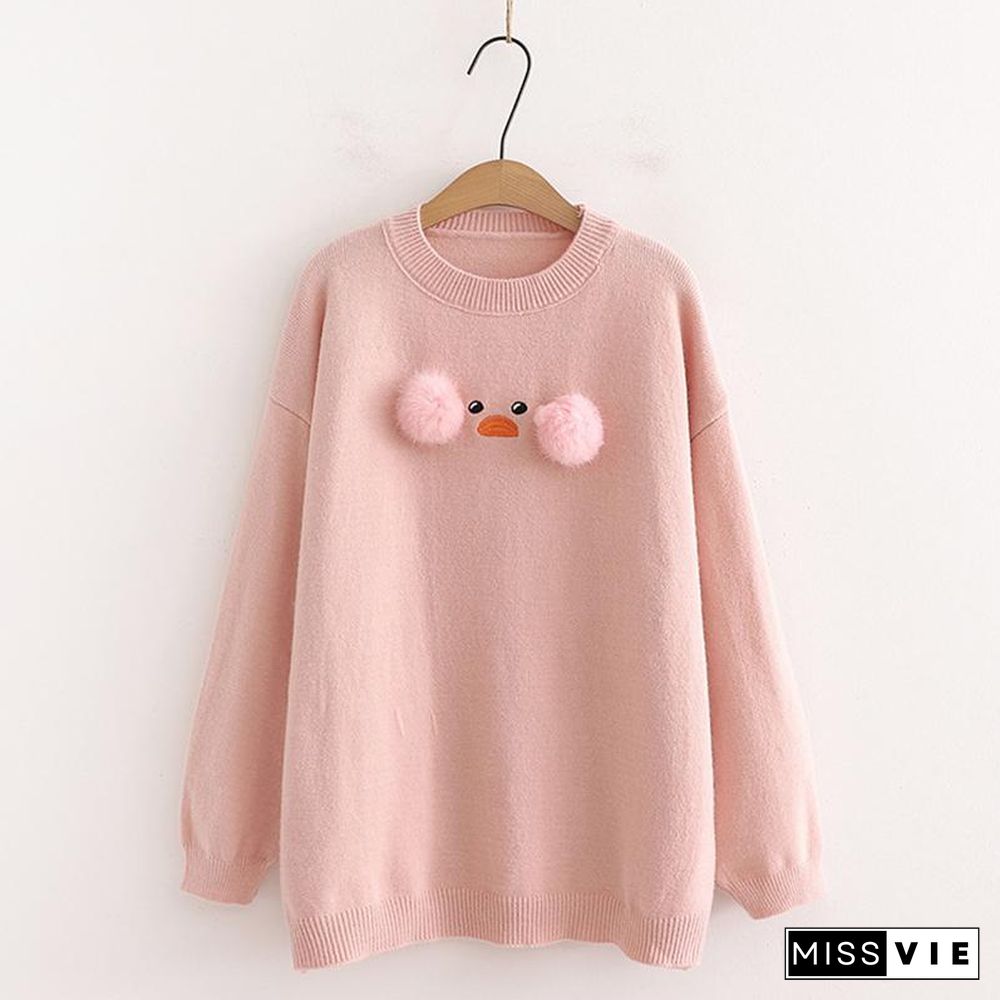 Duck Embroidery Fuzzy Ball Sweater