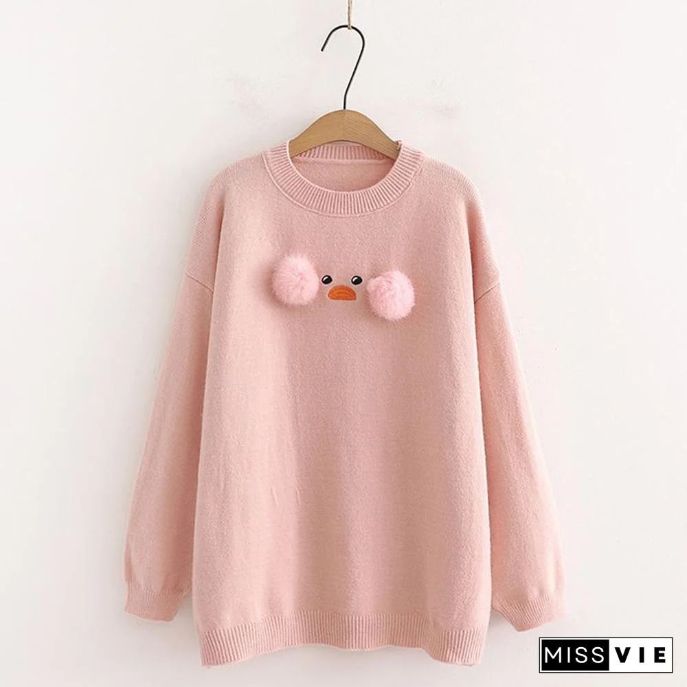 Duck Embroidery Fuzzy Ball Sweater