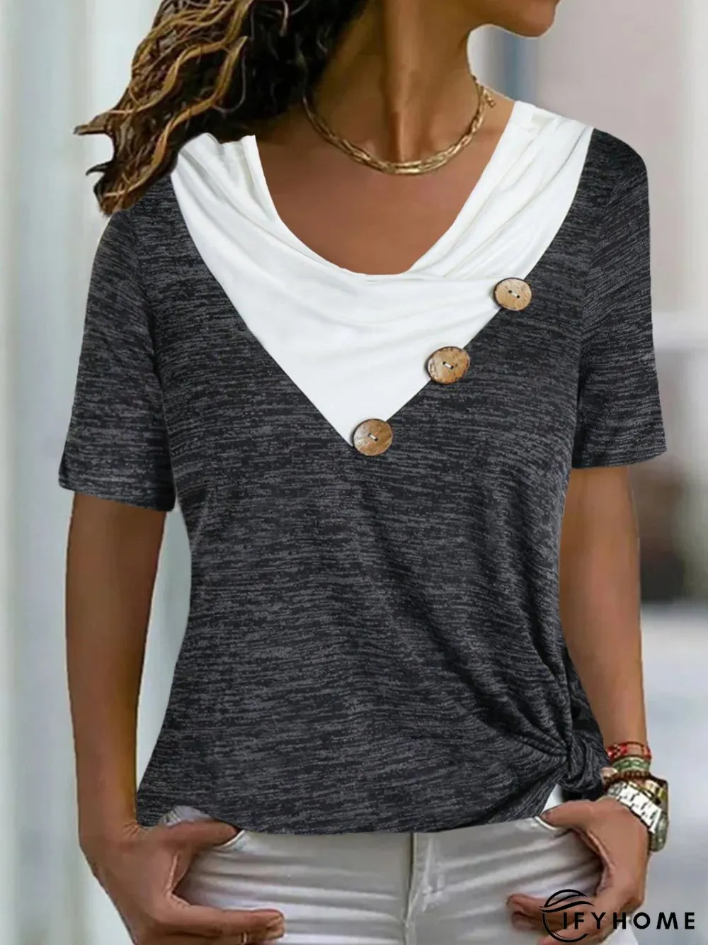 Women's Daily Weekend Casual Short Sleeve Color Block Button V Neck Top Tunic T-Shirt | IFYHOME