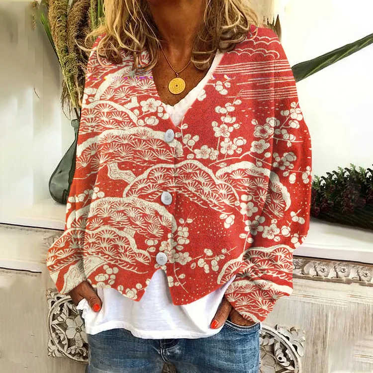 Vintage Japanese Floral Art Button Cozy Knit Cardigan